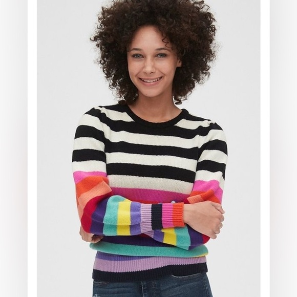 GAP Multicolor Rainbow Crew Neck Sweater Wool Blend Crazy Stripe Puff Sleeve XS - Picture 1 of 9